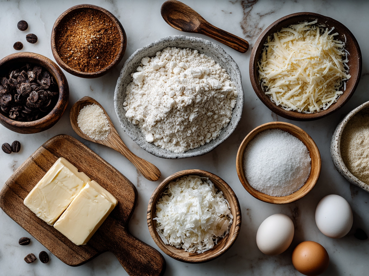 Ingredients for soulful sourdough cheese crackers including sourdough discard, sharp cheddar cheese, olive oil, salt, and flour