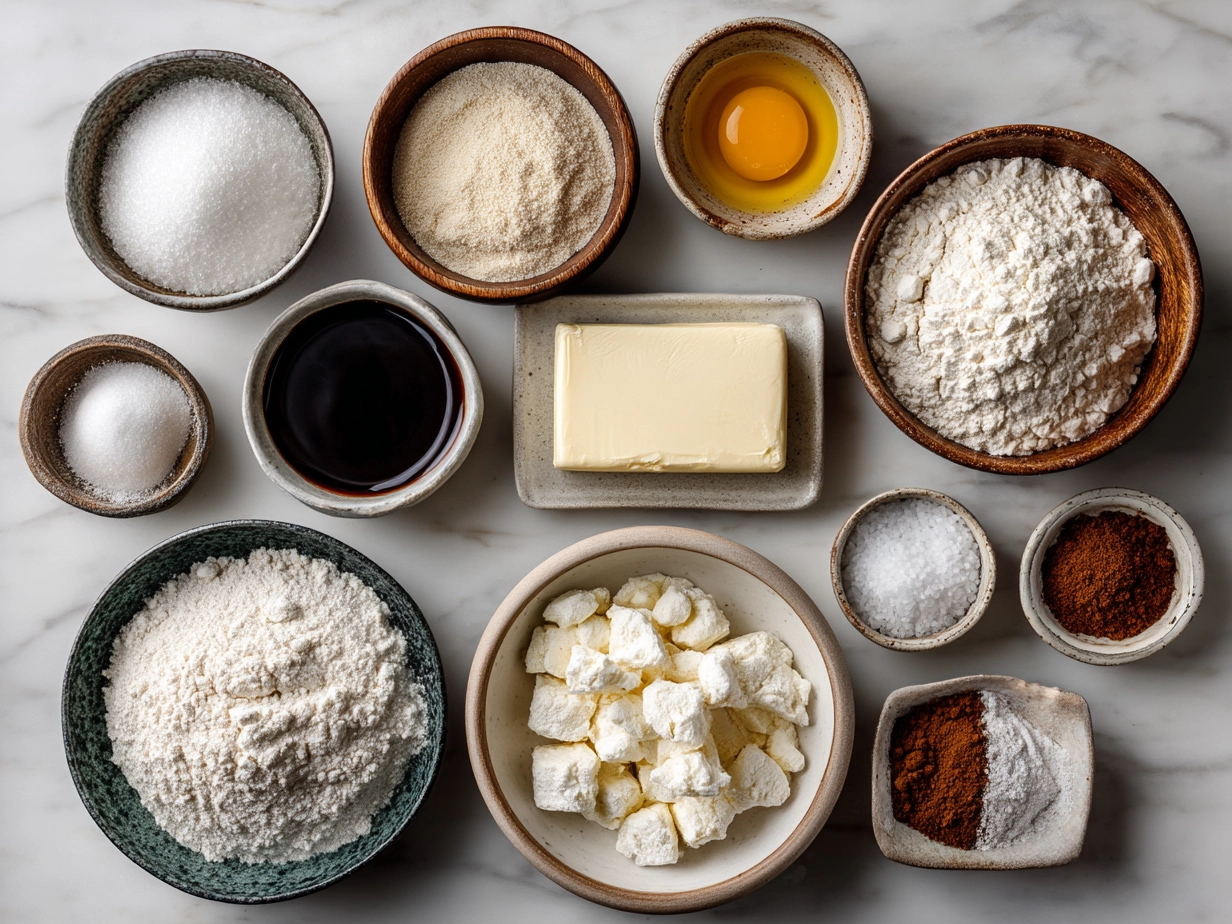 Ingredients for preparing sourdough coffee cake muffins laid out on a wooden table
