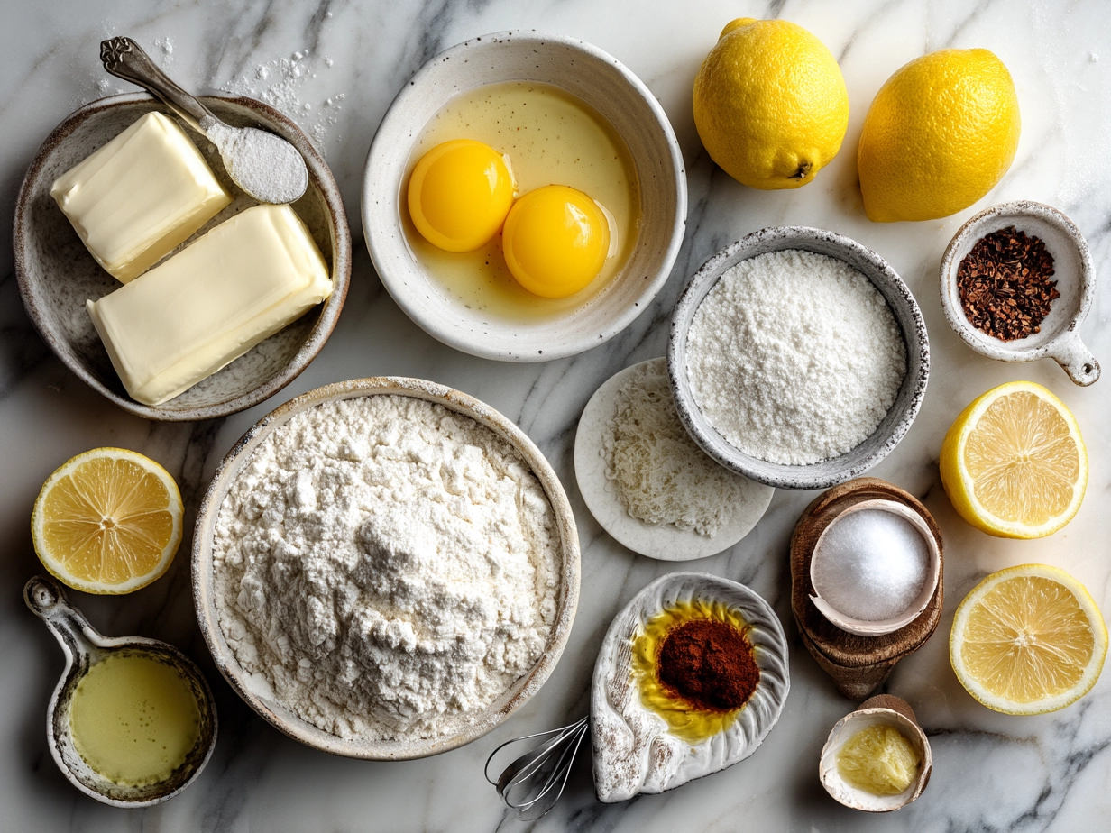 Ingredients laid out for making Sourdough Discard Lemon Loaf including lemons, eggs, flour, and yogurt