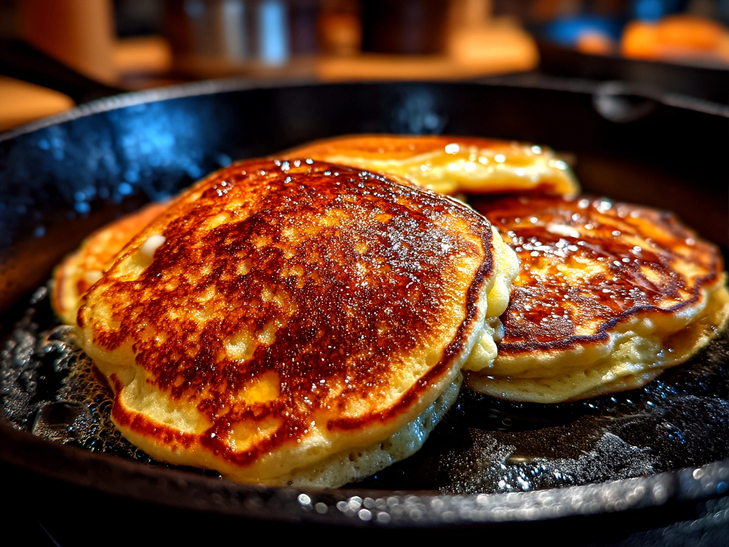 Stack of golden sourdough discard pancakes served with butter and syrup