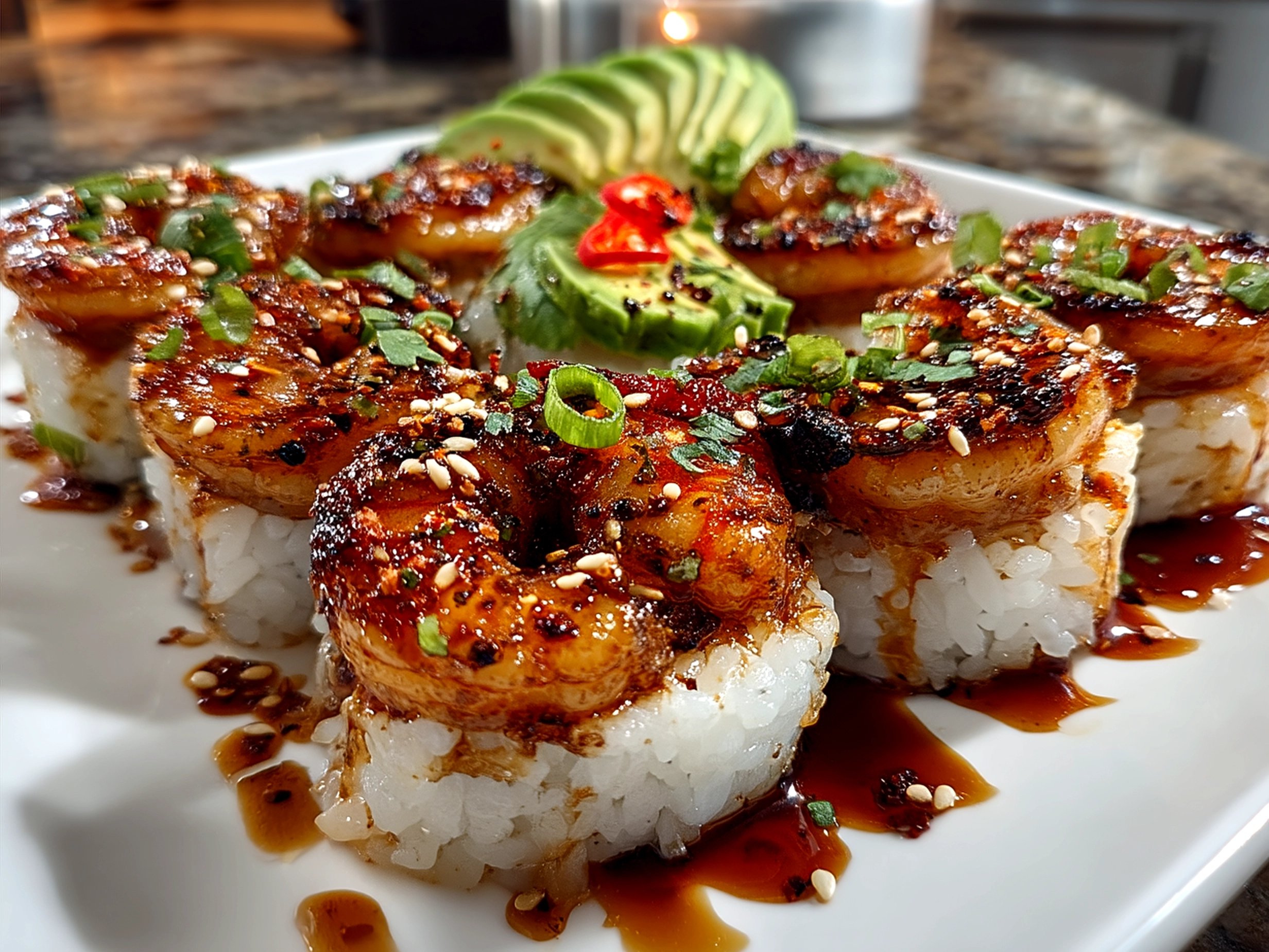 Finished Spicy Shrimp Sushi Stack served elegantly on a white plate