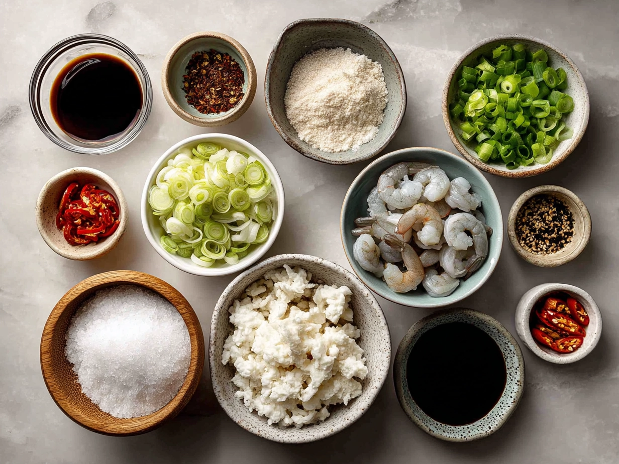 Ingredients for Spicy Shrimp Sushi Stacks including raw shrimp, sushi rice, avocado, cucumber, nori, and sesame seeds