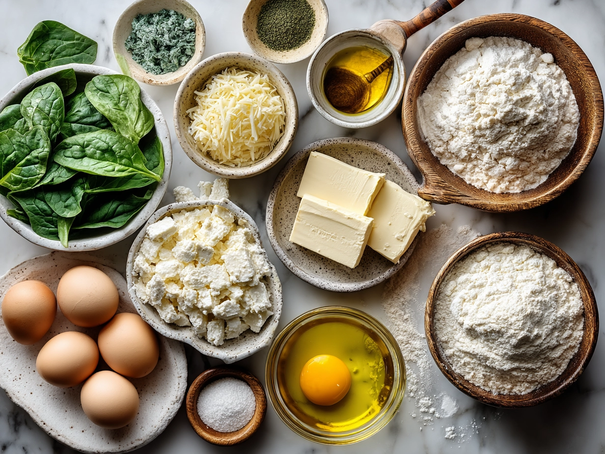 Ingredients for Spinach and Feta Puff Pastry Twists showing puff pastry sheet, spinach, feta, shallots, garlic, olive oil, egg, and herbs