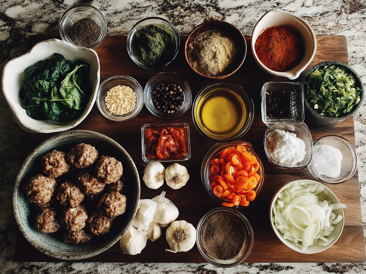 Ingredients for Spinach Garlic Meatballs including ground beef, fresh spinach, garlic, and spices