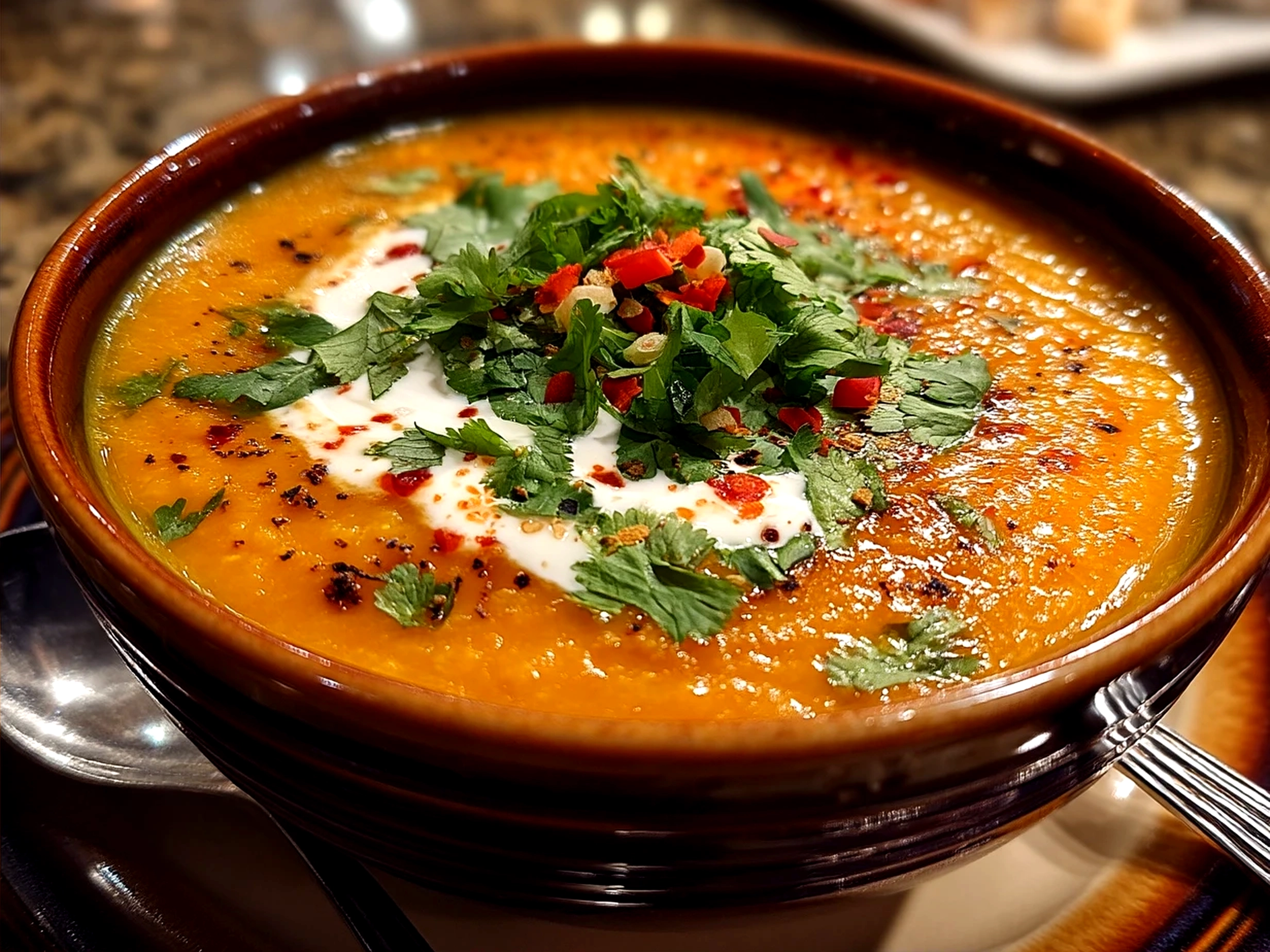 Serving Thai Coconut Red Lentil Soup garnished with fresh cilantro and green onions