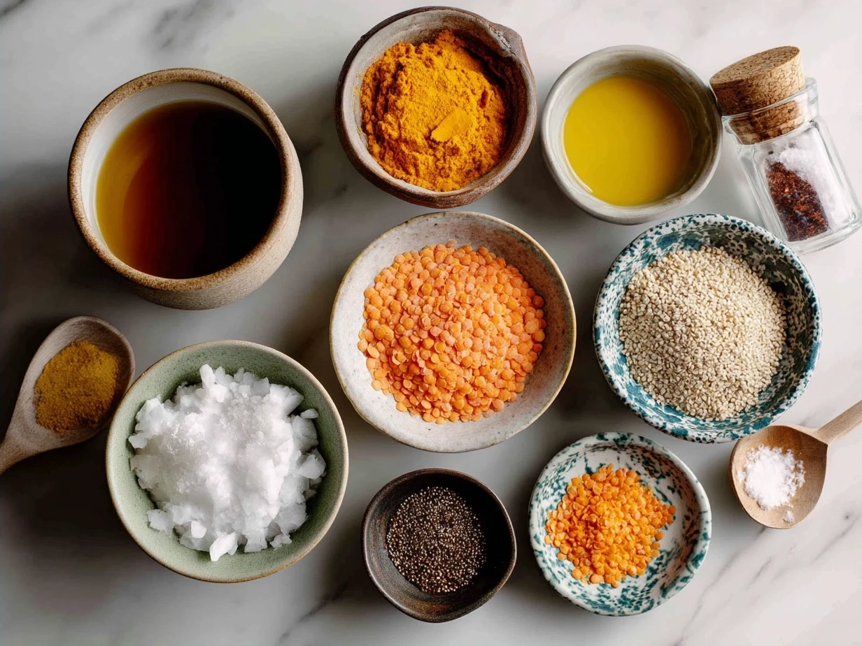 Ingredients for Thai Coconut Red Lentil Soup on a wooden table