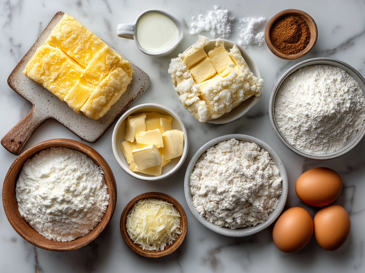 Top-down view of raw ingredients for baked cheesy dumpling casserole on white marble surface