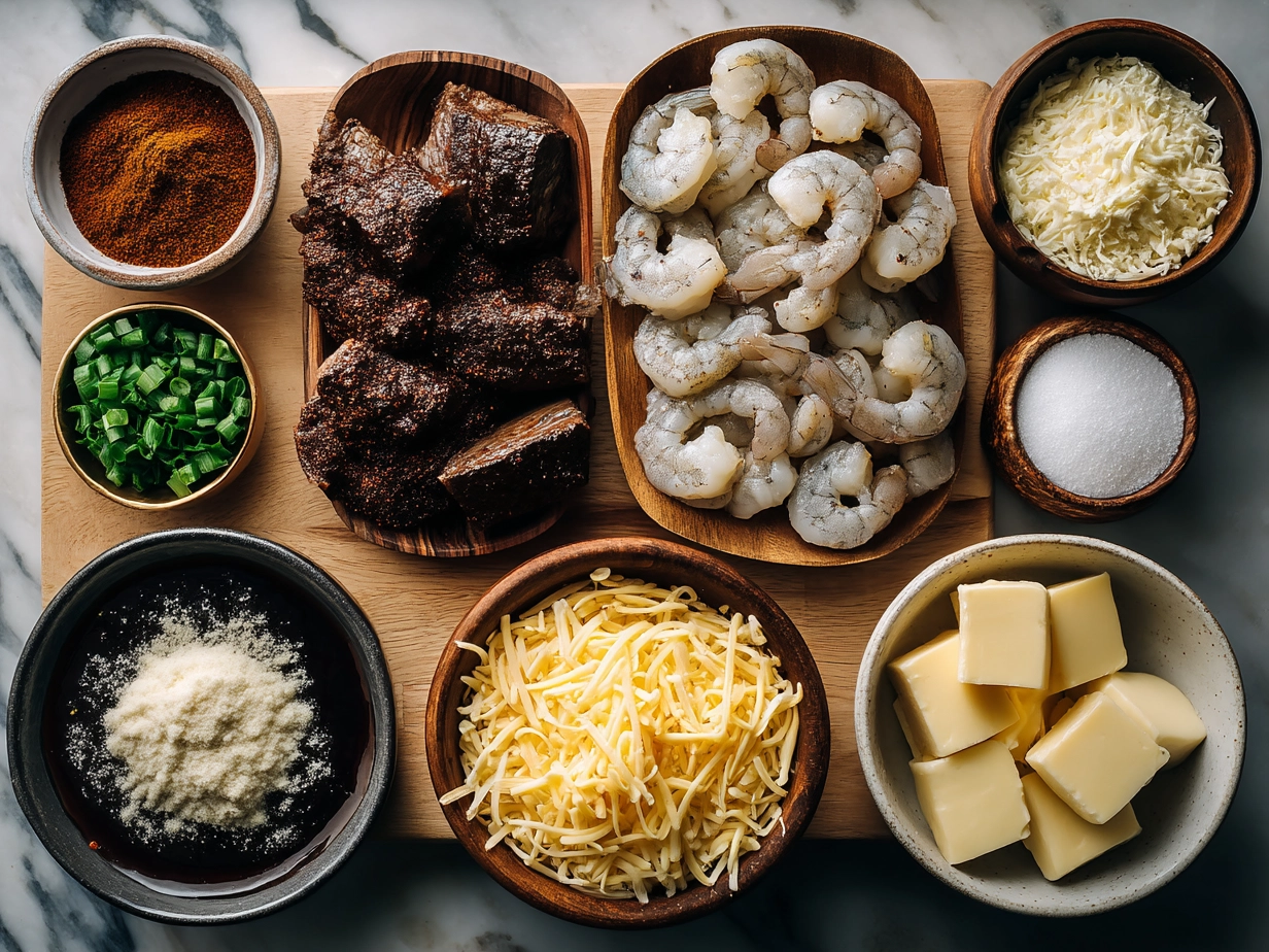 Top down view of raw ingredients arranged for Blackened Steak Shrimp Alfredo recipe