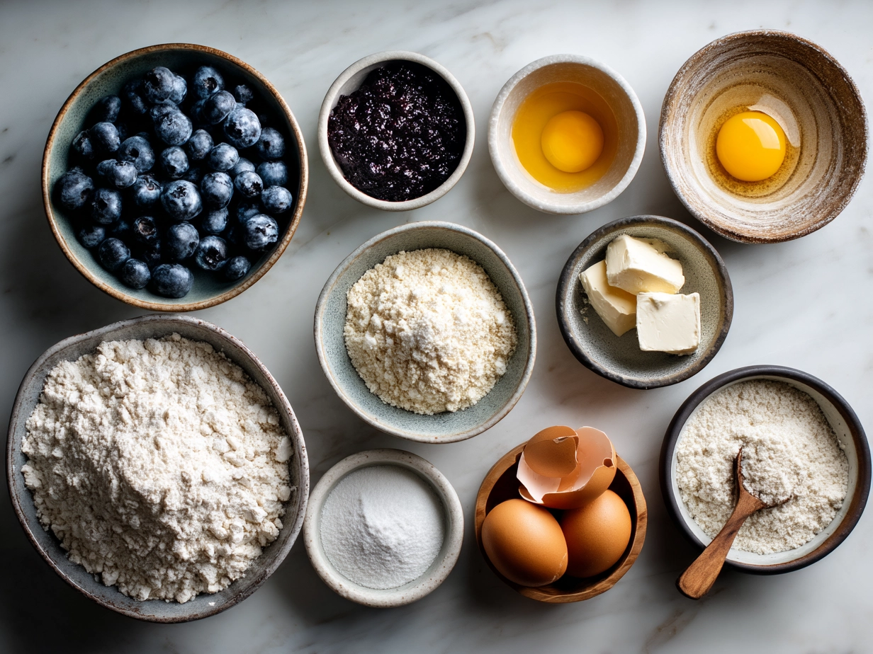 Top-down view of raw ingredients for Blueberry Coffee Cake on white marble surface