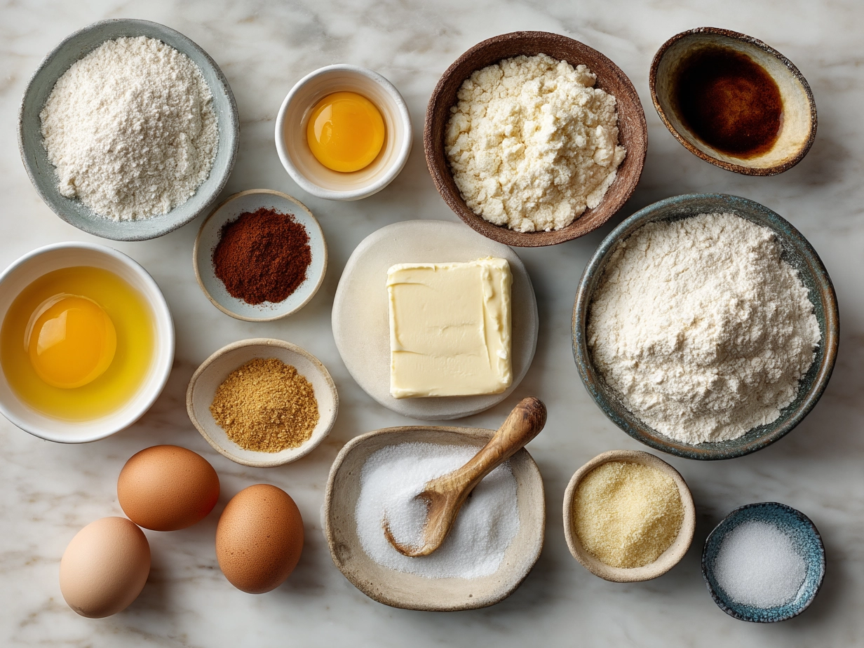 Top-down view of raw ingredients for Breakfast Pillsbury Crescent Rolls on a marble surface