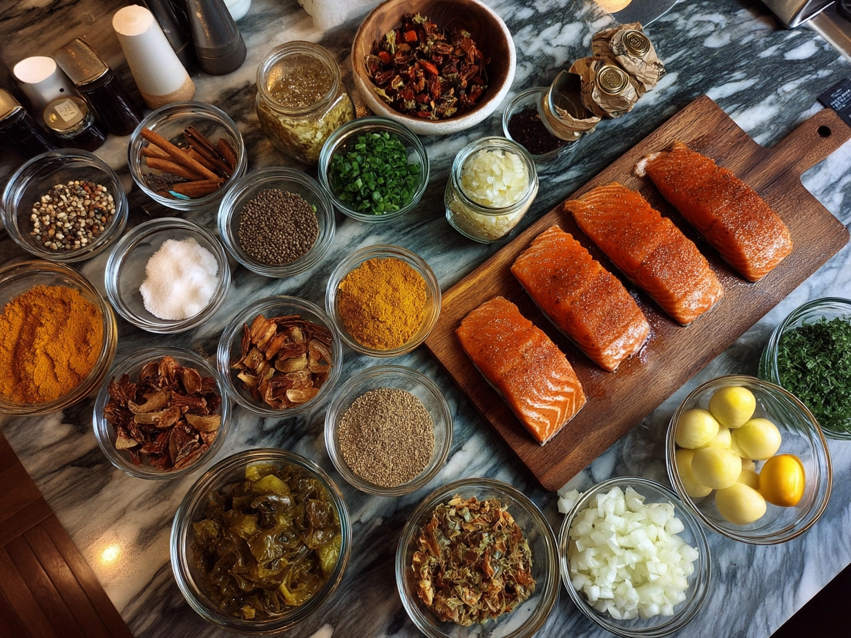 Top-down view of raw ingredients for Caribbean-Style Coconut Curry Salmon on marble surface