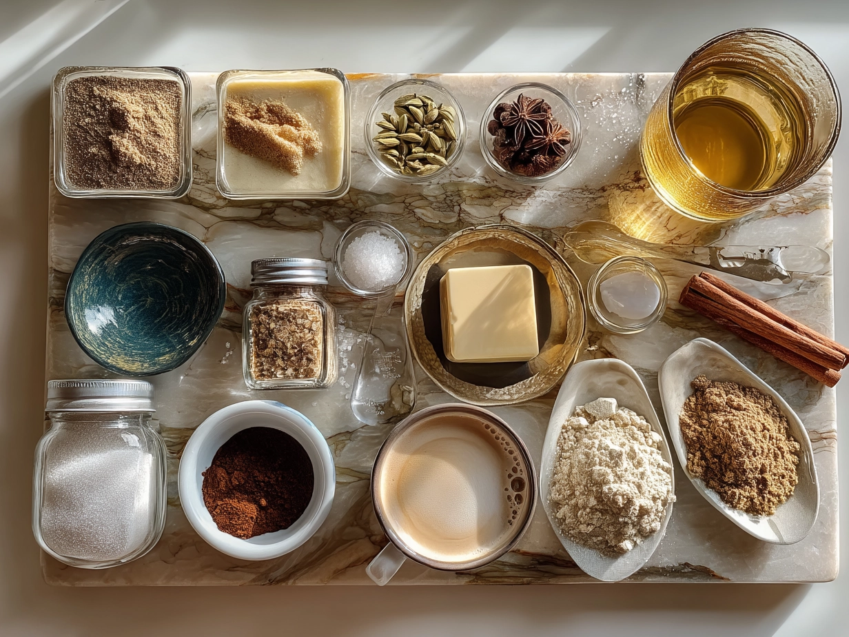 Raw ingredients for chai tea latte arranged on a marble surface including cinnamon, cardamom, cloves, ginger, and star anise