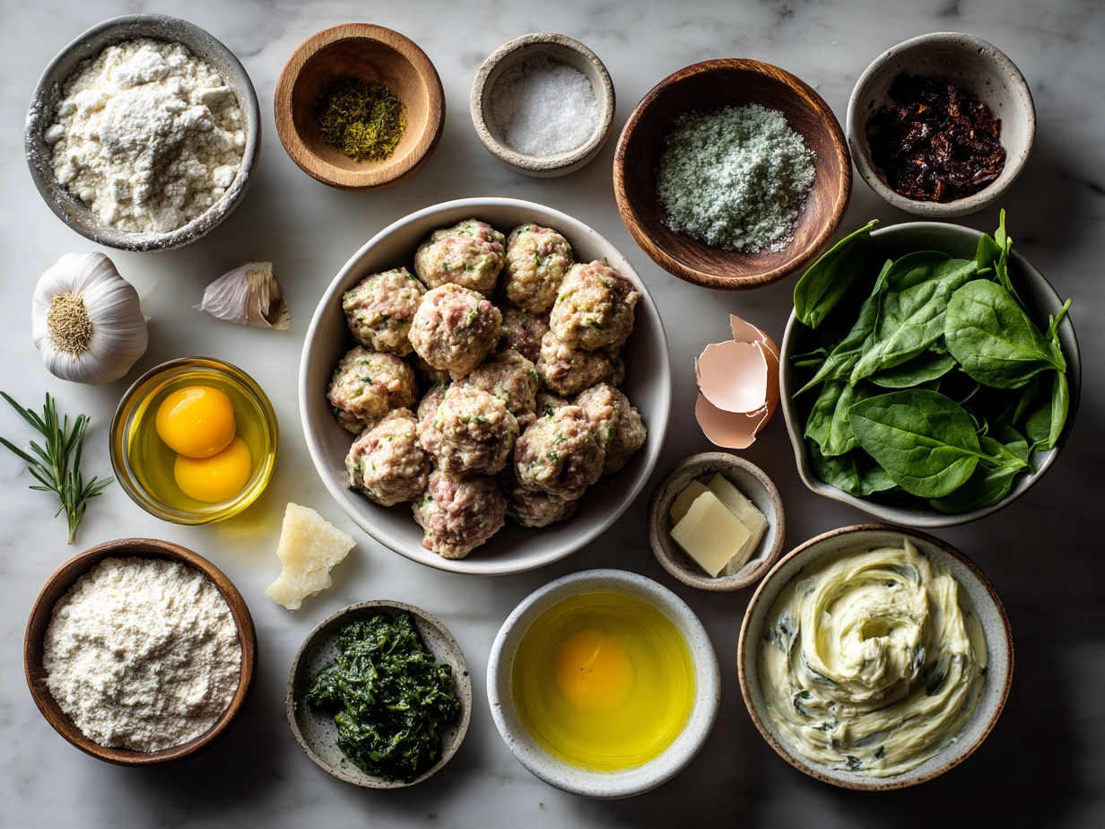 Top-down view of raw ingredients for chicken ricotta meatballs and spinach alfredo sauce including ground chicken, ricotta, spinach and Parmesan