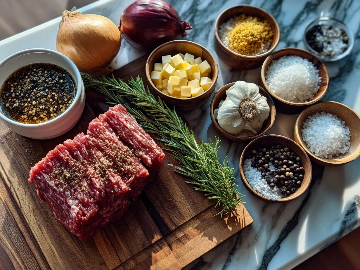 Raw ingredients for Classic Meatloaf on a marble surface including ground beef, onion, eggs, and spices