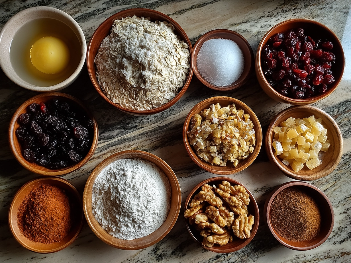 Raw ingredients for Cranberry Raisin Walnut Cinnamon Artisan Bread laid out in bowls and spoons
