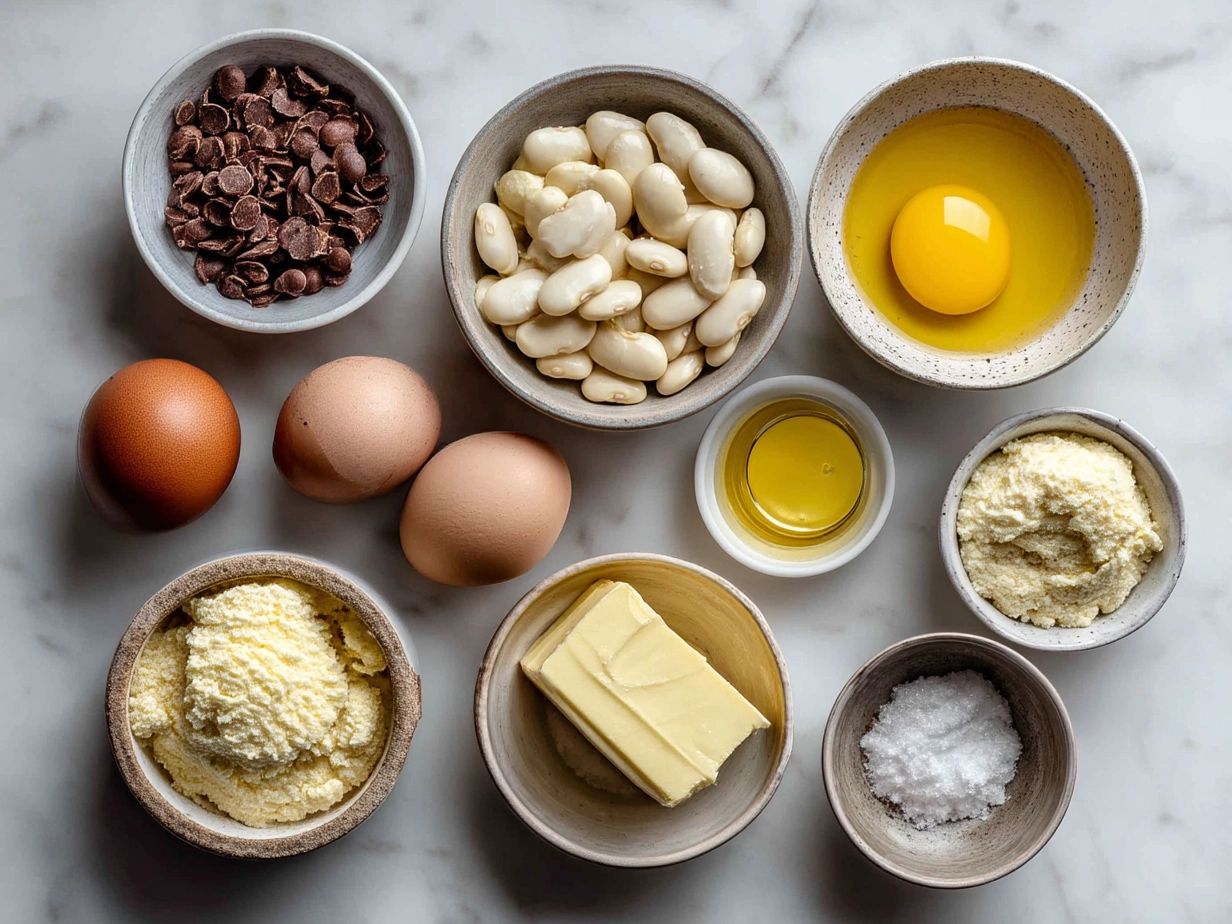 Top down raw ingredients for creamy miso butter beans on marble