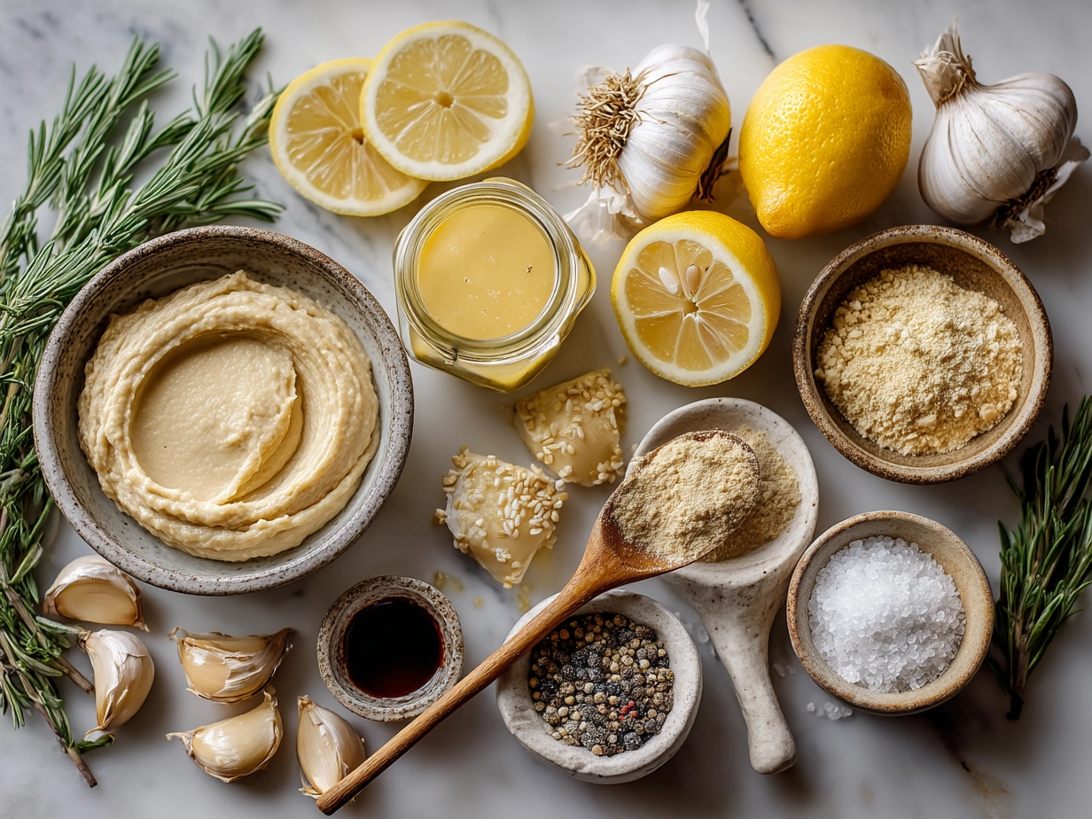 Top down view of raw ingredients for creamy roast garlic and lemon pasta sauce laid out on marble kitchen surface.