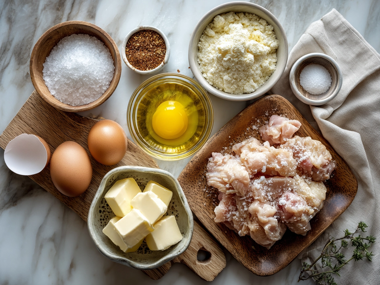 Top-down raw ingredients for crispy chicken waffle on marble, modern kitchen organized mise en place