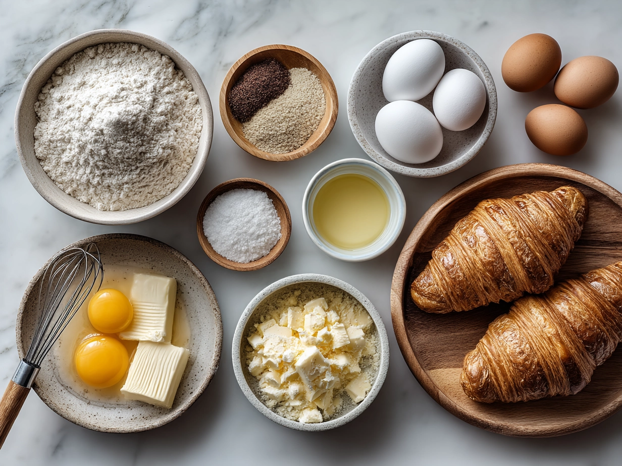 Top-down view of raw ingredients for French Croissant arranged on marble surface