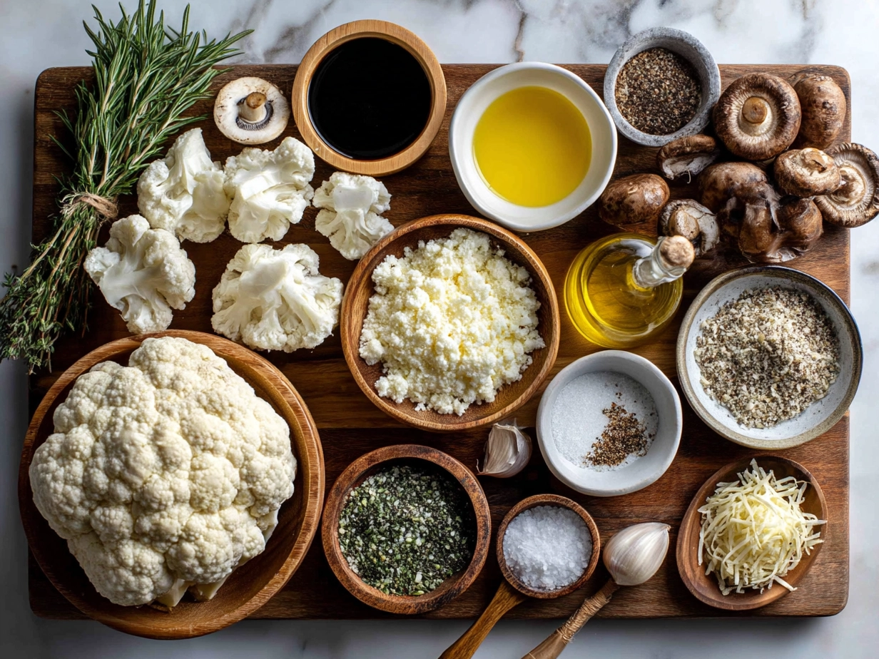 Raw ingredients for Garlic Cauliflower Mushroom Skillet laid out on a marble countertop in an organized mise en place