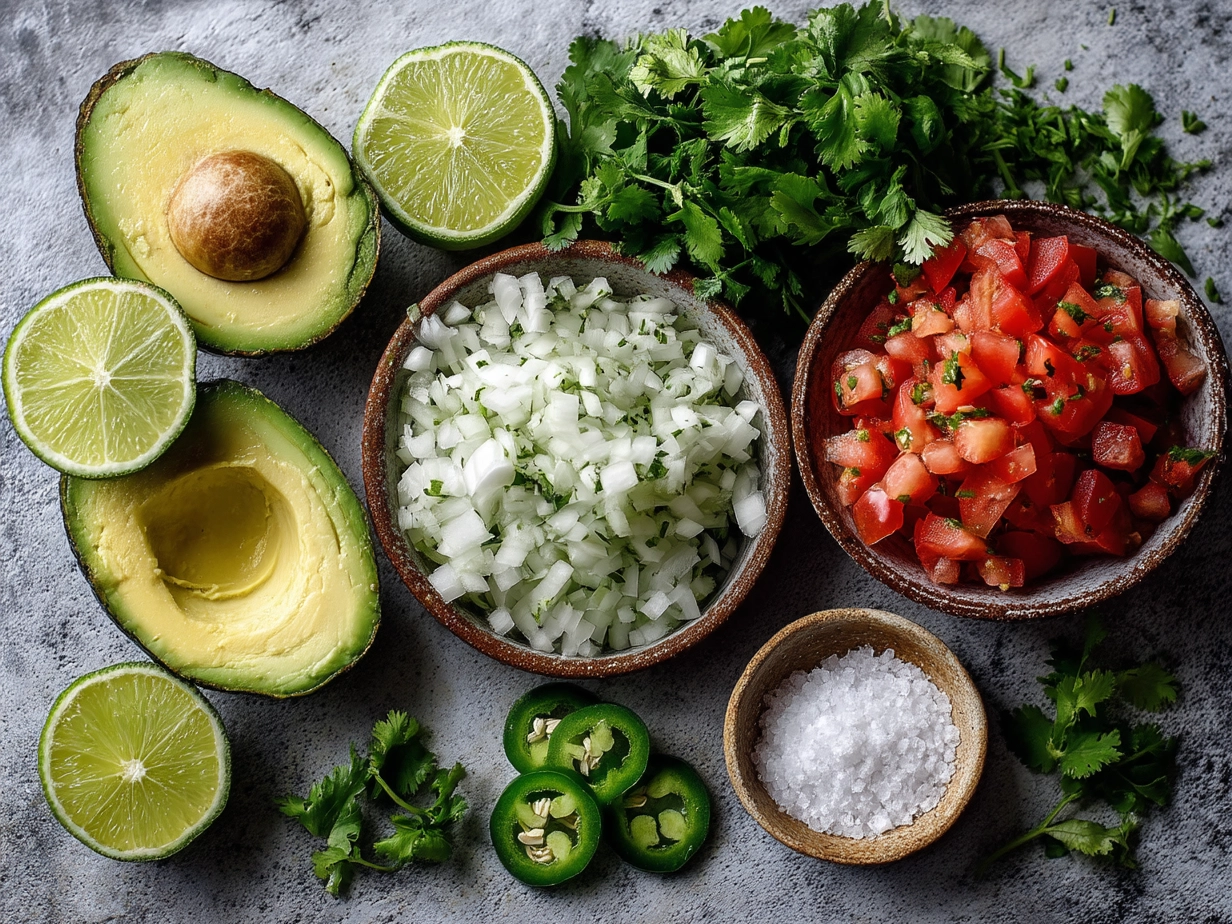 Top down raw ingredients for guacamole on marble