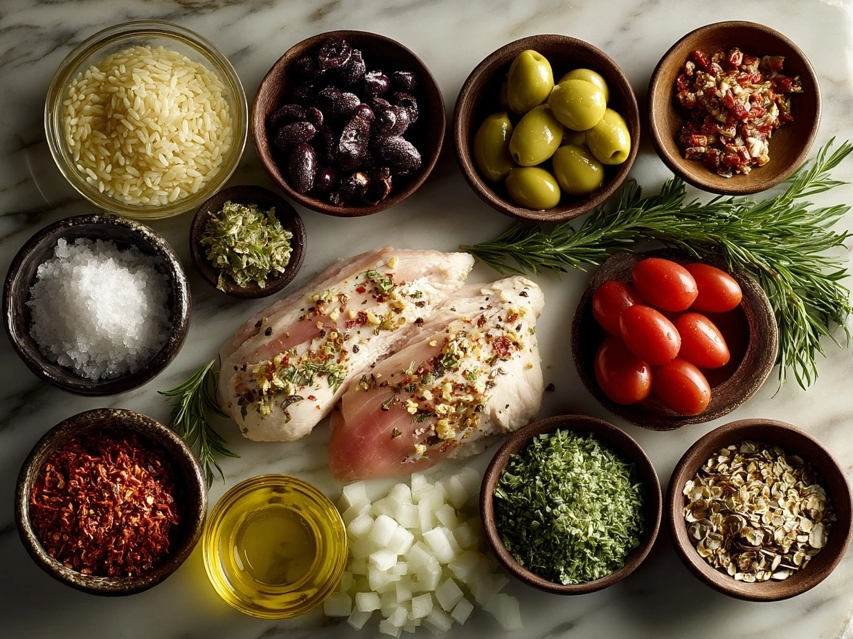 Raw ingredients for Mediterranean Chicken Orzo on marble surface