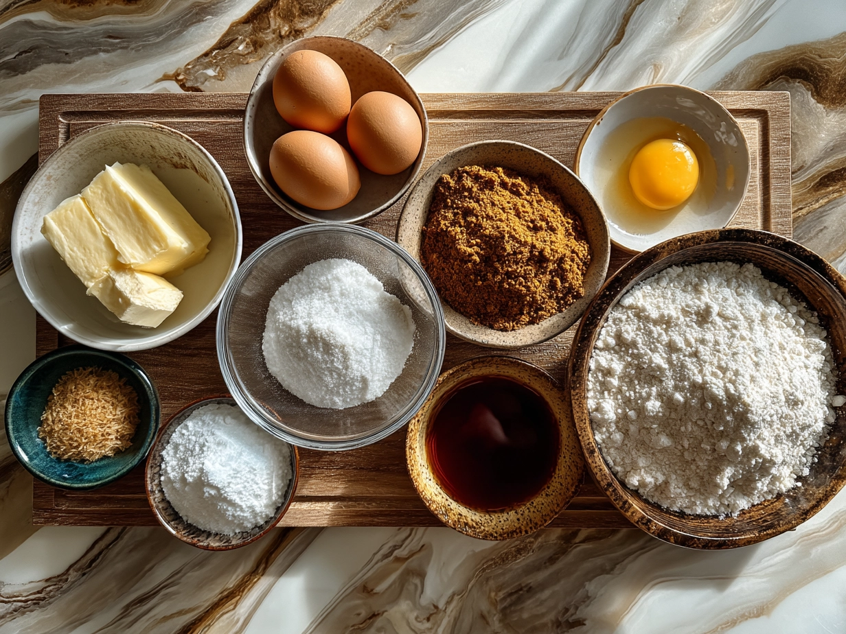 Top down raw ingredients for Pineapple Upside Down Sugar Cookies on marble surface