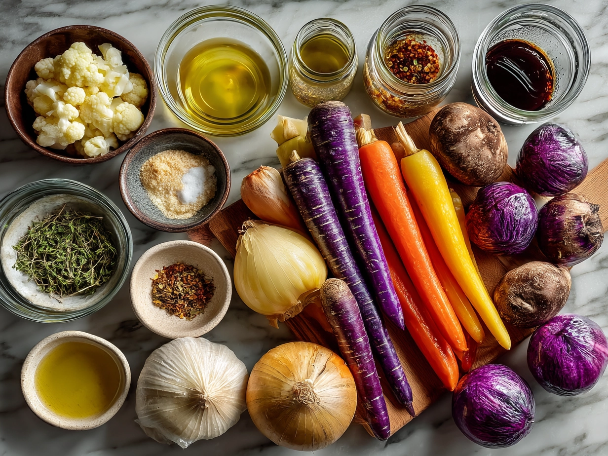 Top down view of raw ingredients for slow cooker roasted fall vegetables on marble