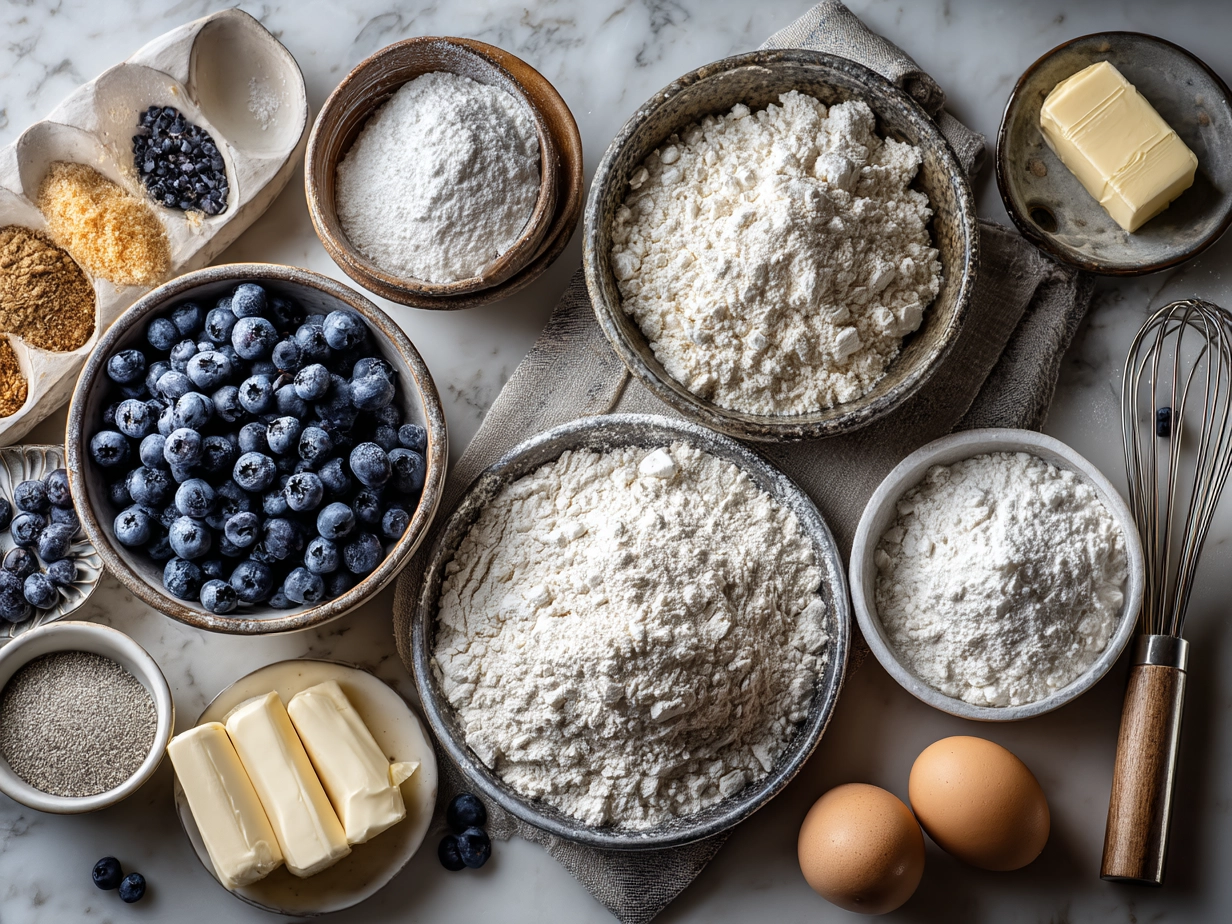 Ingredients for sourdough discard blueberry bread laid out on a wooden table including blueberries, flour, sourdough discard, and eggs
