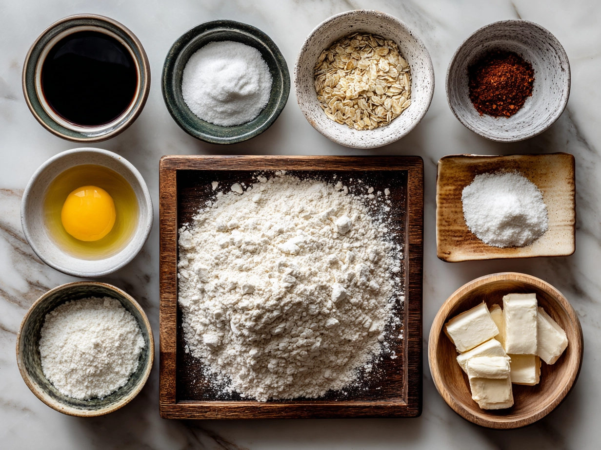 Top-down raw ingredients for sourdough discard English muffins on marble