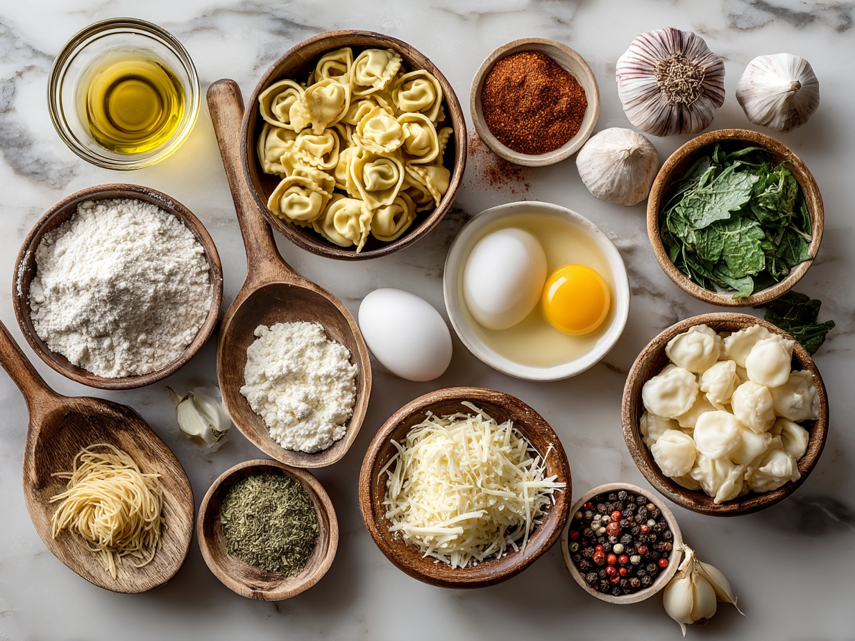 Top-down view of raw ingredients for Tortellini Soup including olive oil, chopped vegetables, cheese tortellini, and herbs