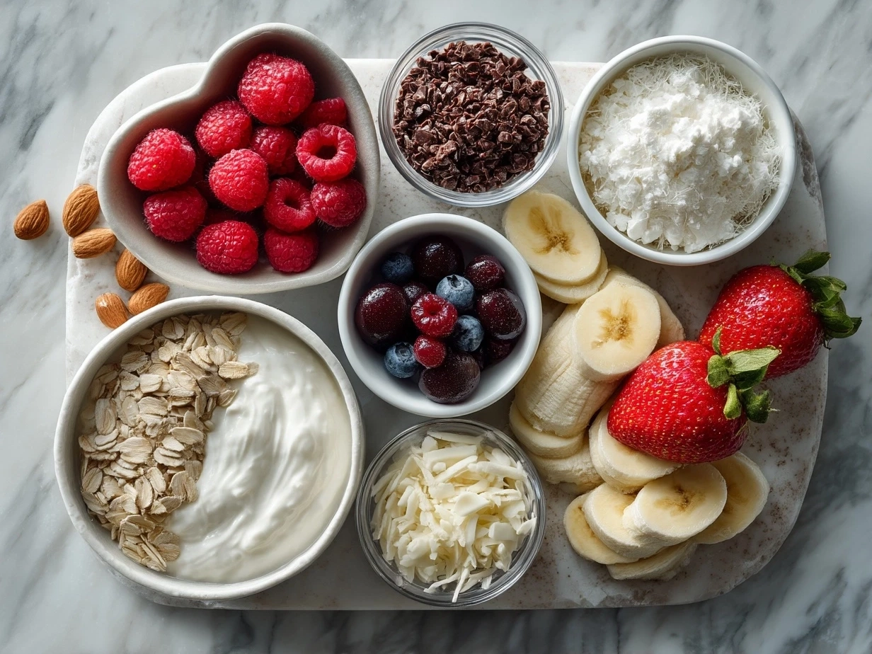 Top down view of raw ingredients for Valentine Treats Greek Yogurt Bowl, including Greek yogurt, strawberries cut into heart shapes, blueberries, granola, honey, chia seeds and mint leaves