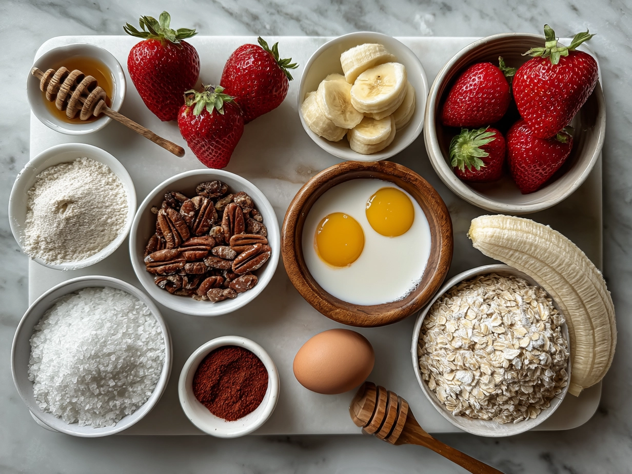 Top down view of raw ingredients for Valentines Oatmeal Bowl on marble surface