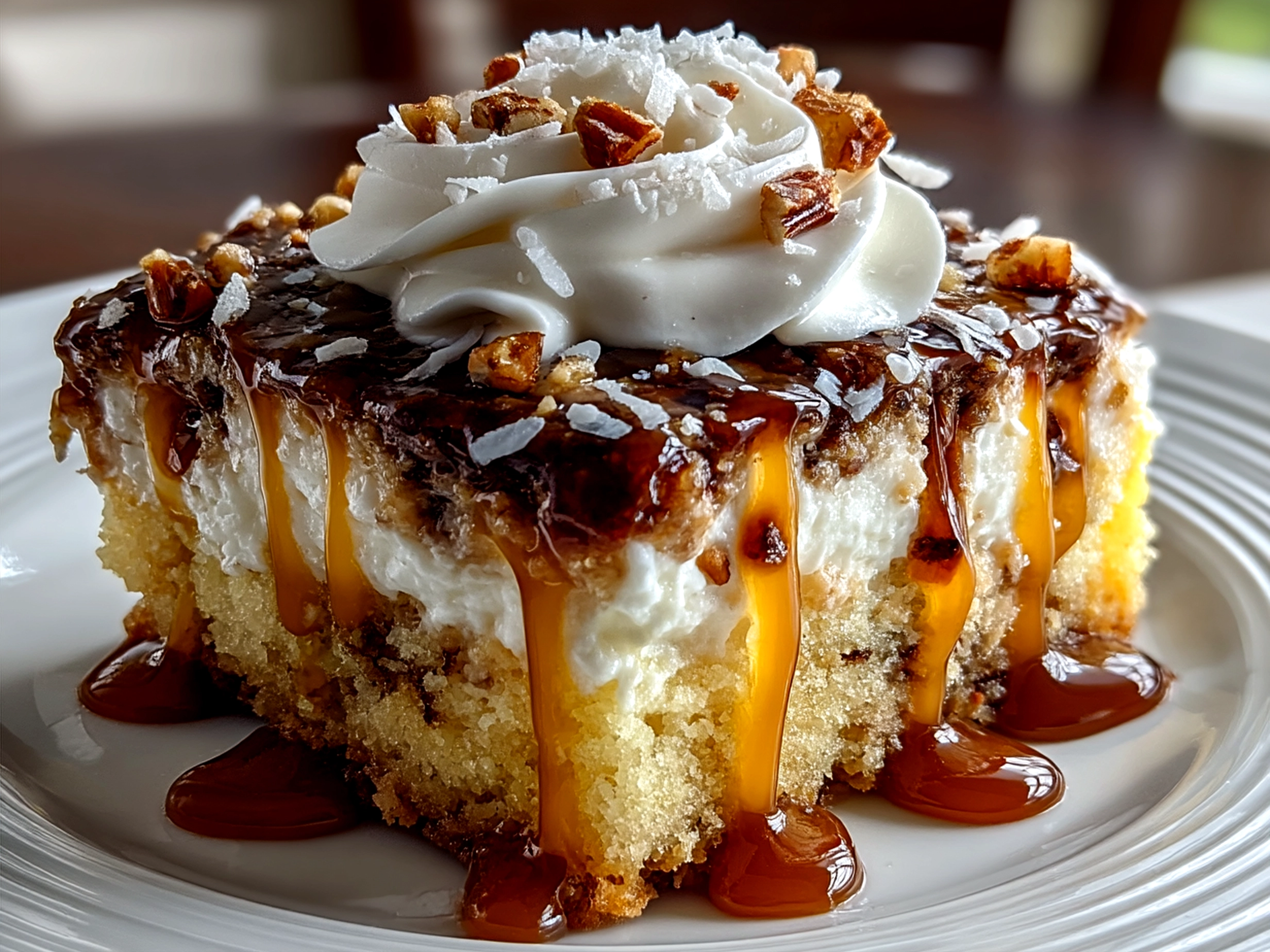 Serving slice of Turtle Poke Cake on a plate with pecans