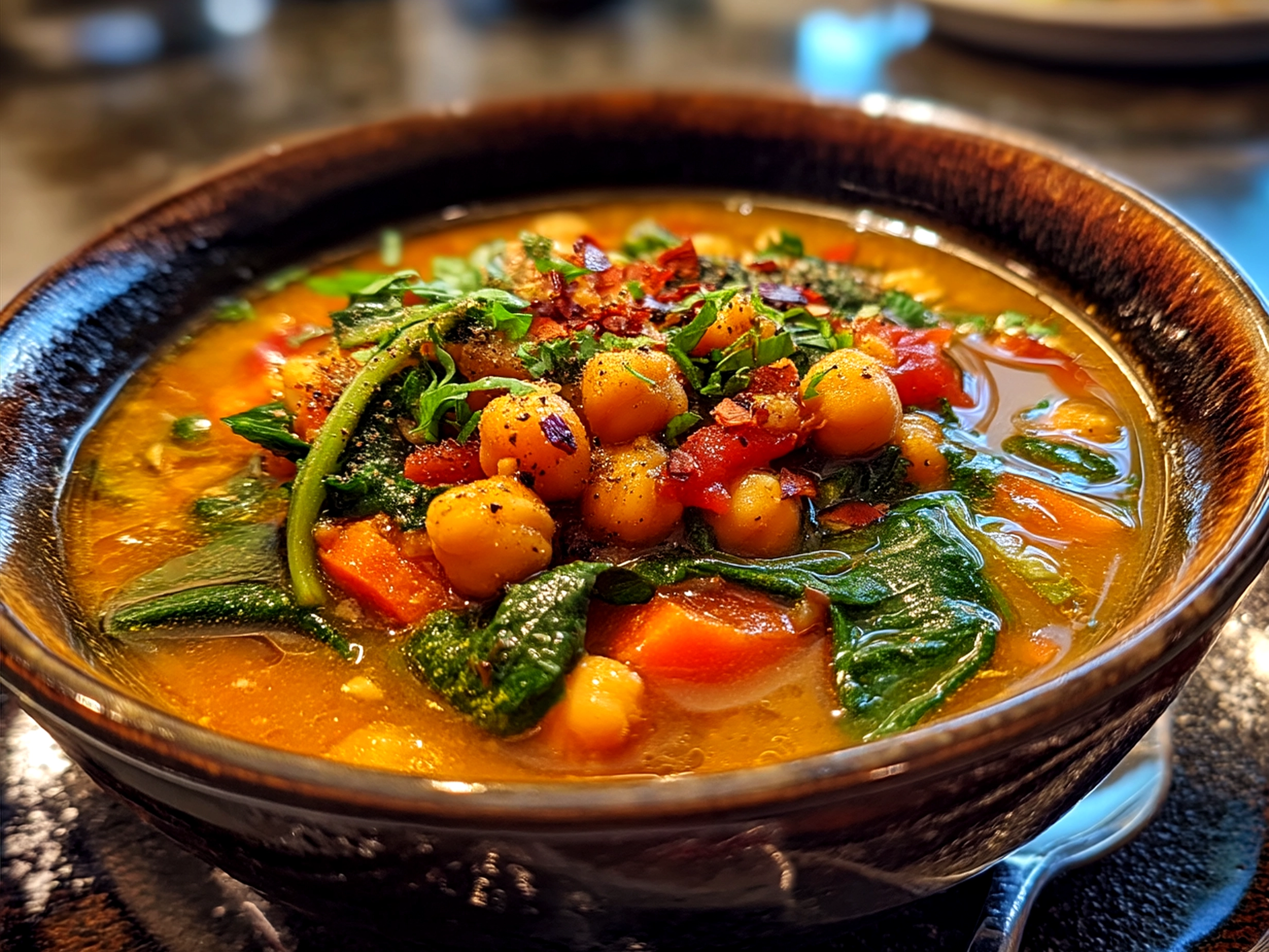Bowl of Tuscan Chickpea Soup garnished with fresh rosemary and served with crusty bread